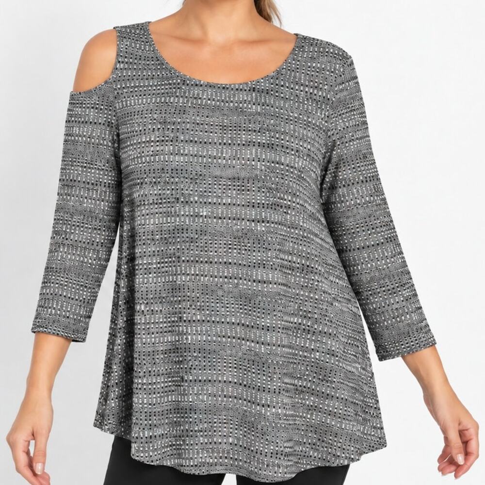 Sno Skins Top Large Cut out One Shoulder 3/4 Sleeve Gray Texture Knit Artsy